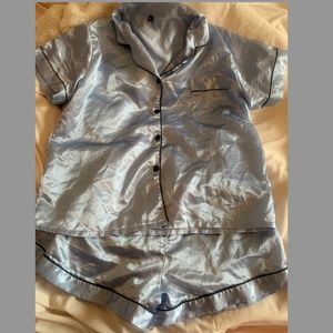 SHEIN Light Blue Satin Short Pajama Set with Black Piping